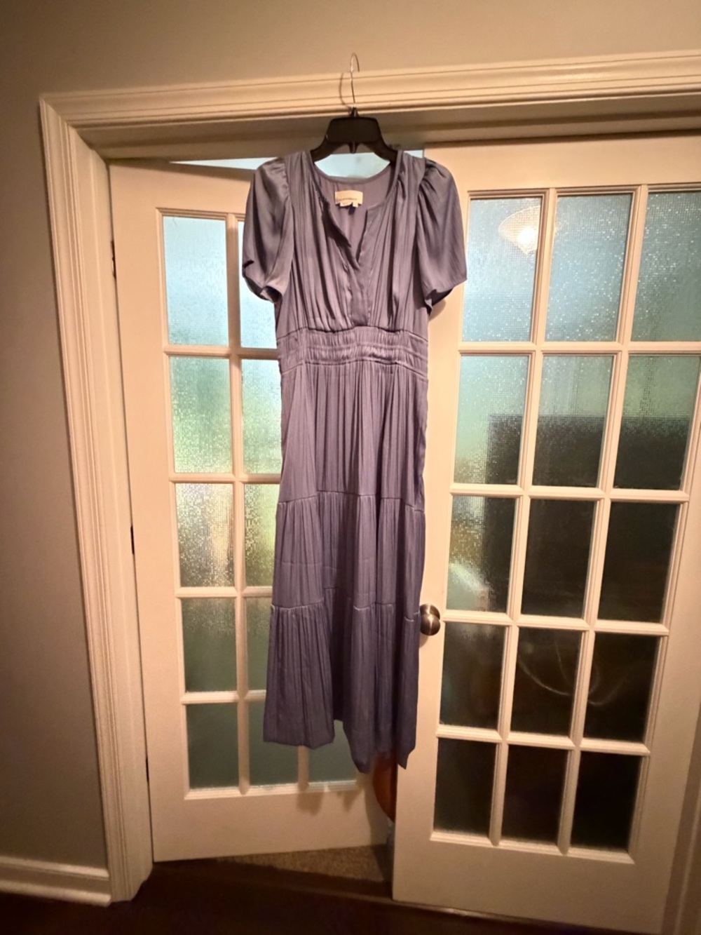Anthropologie Dusty Blue Tiered Midi Dress with Short Sleeves